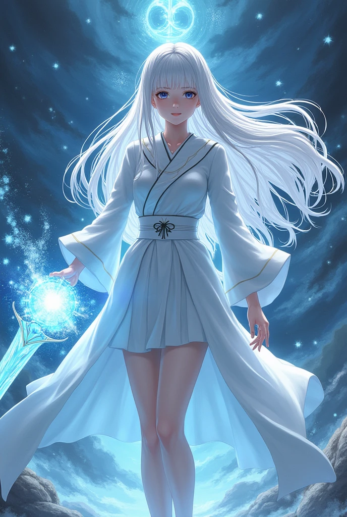 Female anime character, super long white hair, wearing white schoolgirl clothes, holding a multiverse ball in her hand Right.Left hand holding the water dragon sword