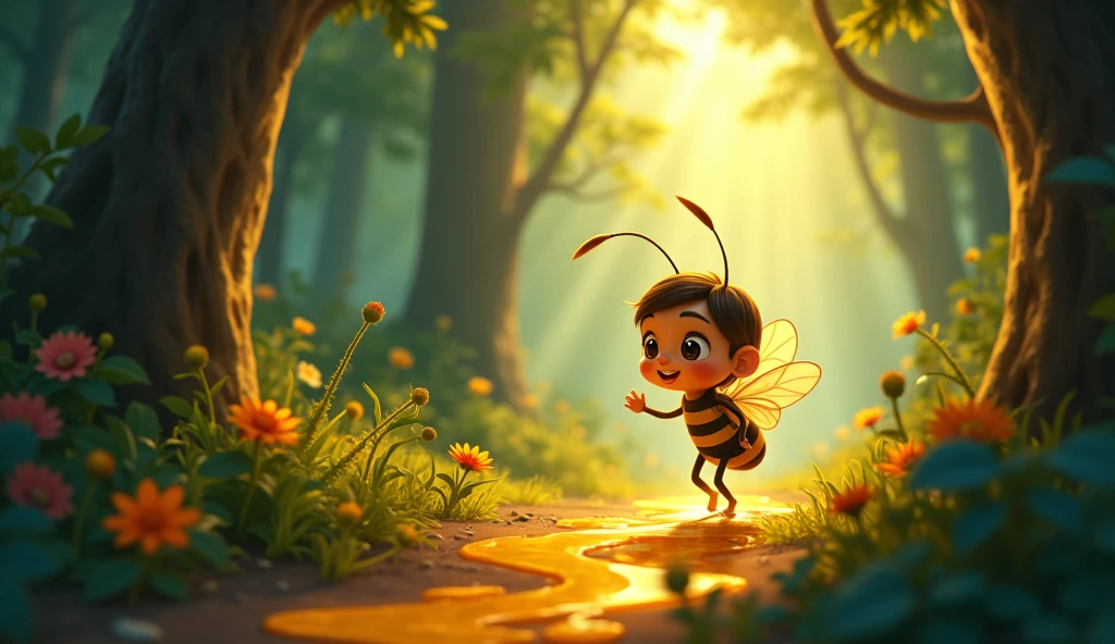 Benny, the brave little bee, set off without hesitation, following a sticky trail that led deep into the heart of the forest. The trail was a winding path of honey, glistening under the dappled sunlight that filtered through the dense canopy. The forest was filled with towering trees, lush foliage, and the occasional flash of colorful flowers, creating a vibrant and enchanting backdrop.
As Benny flew cautiously along the trail, his determined expression was illuminated by the soft, golden glow of the honey. The forest around him seemed to hold its breath, with shadows dancing and the sounds of nature whispering in the background. Benny's journey was filled with suspense and bravery as he ventured further into the unknown, driven by the need to recover the stolen honey and solve the mystery of its disappearance. The scene captured the essence of adventure, courage, and the quest for justice.