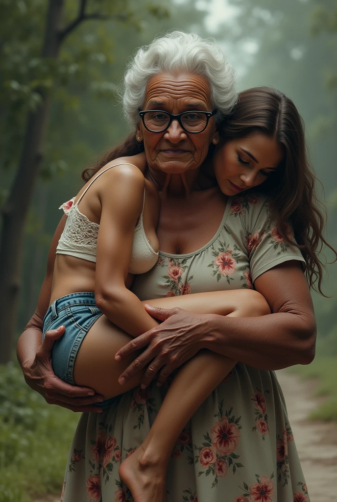 Create an image of a 90 year old lady, dark-skinned, that is fat, is wearing a floral dress and glasses. She is carrying on her right shoulder a young adult woman of 35 years of age., De pele clara, who has long brown hair, wearing denim shorts and a white lace bra and is being carried face down on the lady&#39;s shoulder