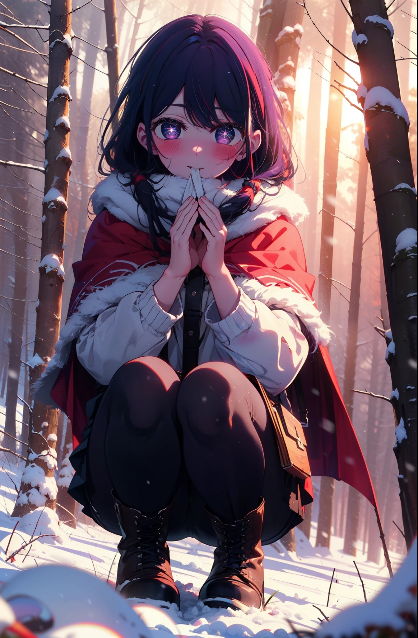 aihoshino, Ai Hoshino, Long Hair, bangs, (Purple eyes:1.1), Purple Hair, (Symbol-shaped pupil:1.5), smile,,smile,blush,white breath,
Open your mouth,snow,Ground bonfire, Outdoor, boots, snowing, From the side, wood, suitcase, Cape, Blurred, , forest, White handbag, nature, Squat, Mouth closed, Cape, winter, Written boundary depth, Black shoes, red Cape break looking at viewer, Upper Body, whole body, break Outdoor, forest, nature, break (masterpiece:1.2), Highest quality, High resolution, unity 8k wallpaper, (shape:0.8), (Beautiful and beautiful eyes:1.6), Highly detailed face, Perfect lighting, Highly detailed CG, (Perfect hands, Perfect Anatomy),