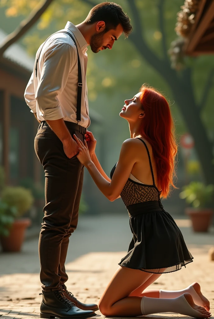 POV of a standing tall man, ultra realistic, photography, long straight red hair, (24 years old, hourglass figure, perfect body, natural medium breasts), seductive look, wearing a tight Dirndl dress with a nice cleavage, she is wearing white thigh high stockings, wearing a tight Dirndl dress with a nice cleavage, she is wearing white thigh high stockings, on a sunny day, posing sexy, she is kneeling in front of a tall man, point of viev of a man standing before her, she is looking up into the camera, she is touching his pants with her hands, she is very close to his pants, she is unbuckling his belt 