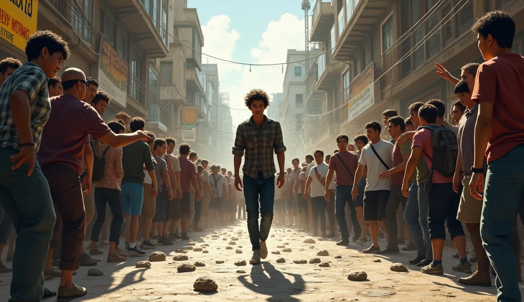 The protagonist walking through a busy street, people staring and laughing. The protagonist moves forward without faltering, stones thrown metaphorically or literally, but they keep walking.
