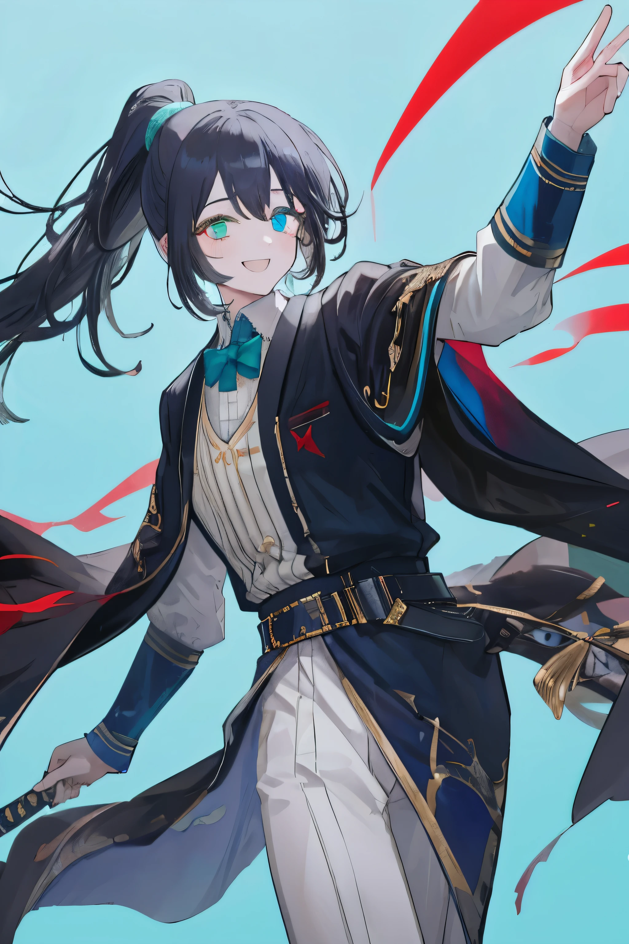 masterpiece, best quality, 1boy, male focus, solo, honglu, xxx hair, black hair, yyy inner, blue-gray inner, ponytail, black royal robes, formal nobility, looking at viewer, dancing pose, smile, heterochromia, blue eye and green eye, holding sword, (castle corridor background: 0.4), bright blue sky