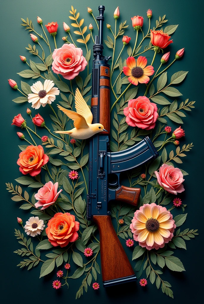 an ak 47 with art of a bird in the middle of a floral