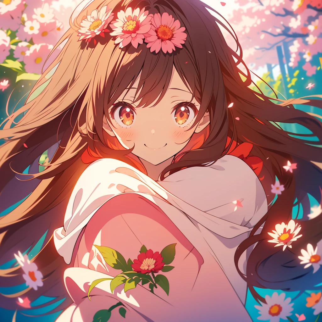 kawaii, anime, Cute, hyper quality, highly detailed, 8k, Clarity, Draw facial expressions in detail, Girl with long dark brown hair and green eyes, red aster flower, red and white aster flowers, whole body, love, smile, A young smiling girl with pale pink scarlet eyes., peek from behind, good mood, 	