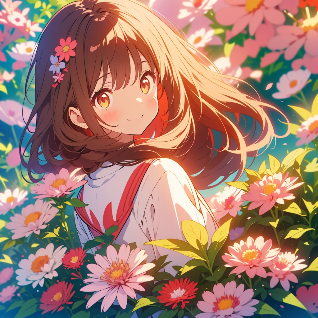 kawaii, anime, Cute, hyper quality, highly detailed, 8k, Clarity, Draw facial expressions in detail, Girl with long dark brown hair and green eyes, red aster flower, red and white aster flowers, whole body, love, smile, A young smiling girl with pale pink scarlet eyes., peek from behind, good mood, 	
