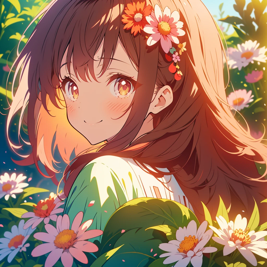 kawaii, anime, Cute, hyper quality, highly detailed, 8k, Clarity, Draw facial expressions in detail, Girl with long dark brown hair and green eyes, red aster flower, red and white aster flowers, whole body, love, smile, A young smiling girl with pale pink scarlet eyes., peek from behind, good mood,
