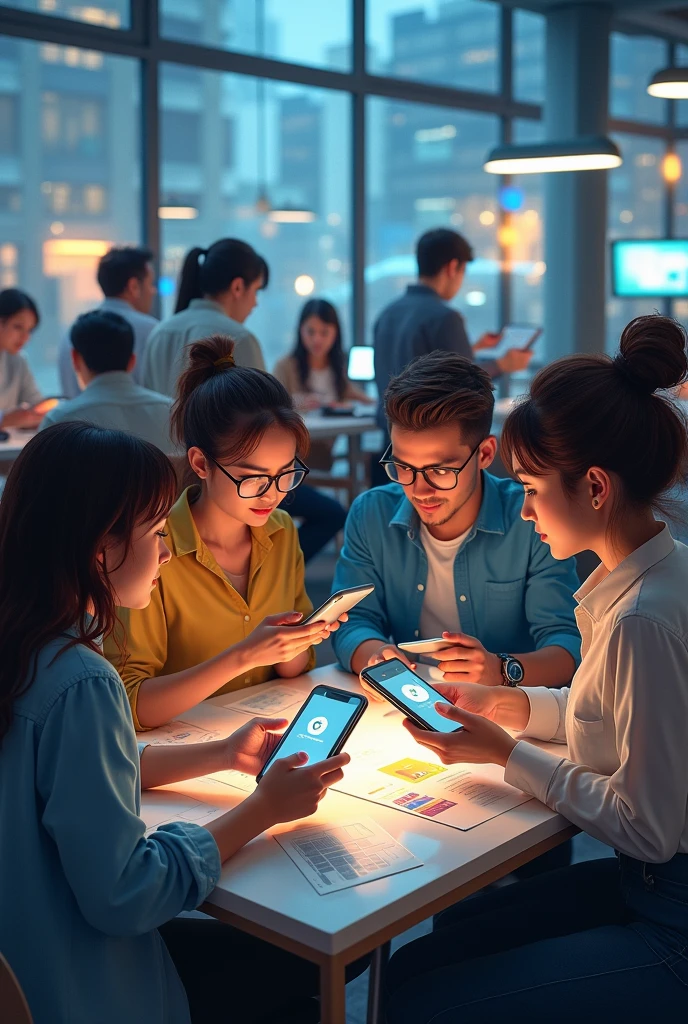 A group of mans women's using mobile phone internet and some google youtube