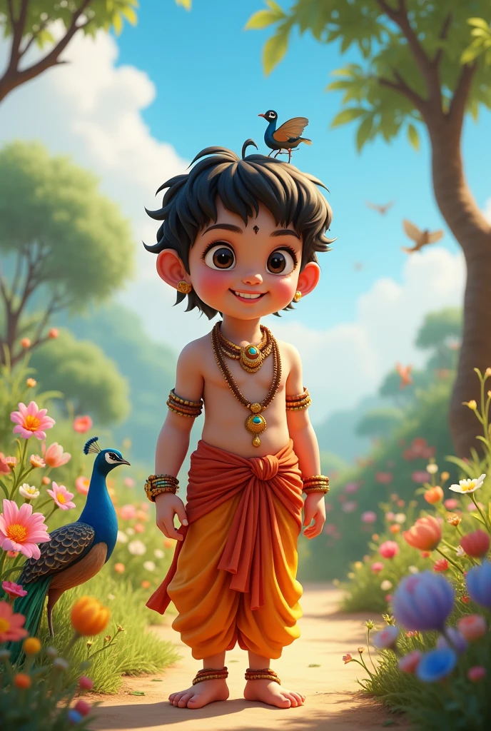 Lord krishna 5 years old in village, create high quality realistic image, Landscape of a village, bight sky, vibrant colors, looking with smile, environment is background is of garden, image should ultra clear, hyper realistic, high quality 4k , peacock and birds