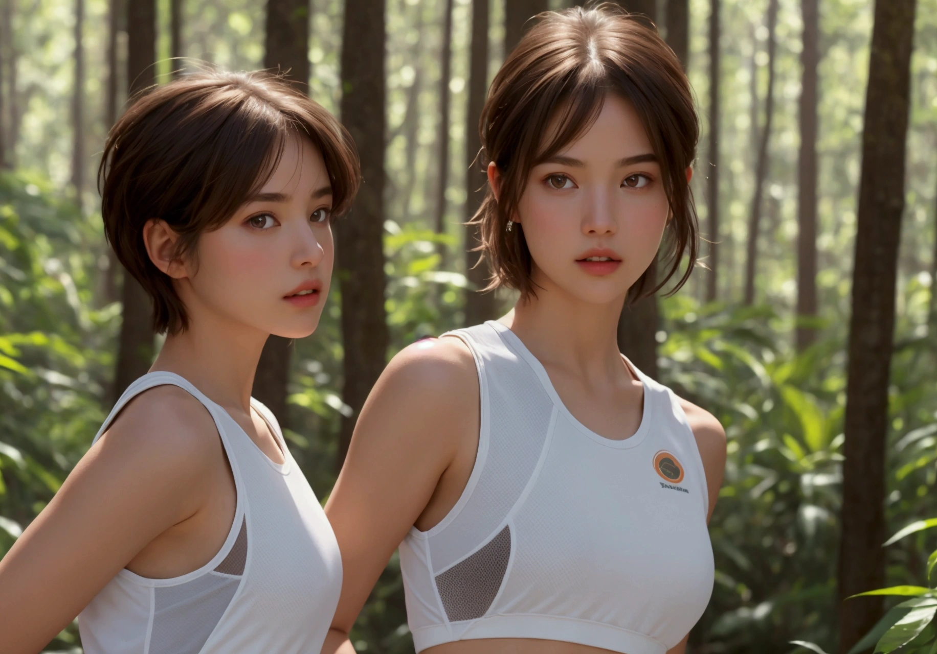 long shot, 1girl, view_at_viewer, brown_hair, realistic, white sportswear with bitcoin logo, sweaty, parted_lips, running_race in the middle of the pine forest, Pixie Haircut, lips, blurred_background, breasts, brown_eyes, blurred, watermark, sleeveless , ground_vehicle, full_body