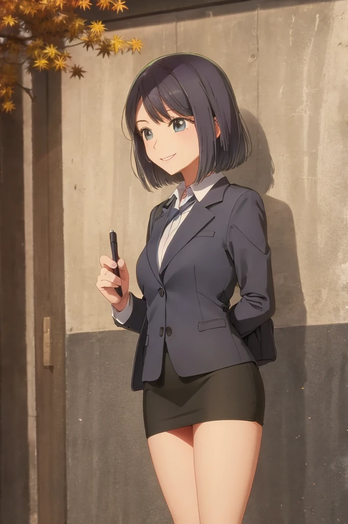 girl, suit, pencil skirt, autumn, smile