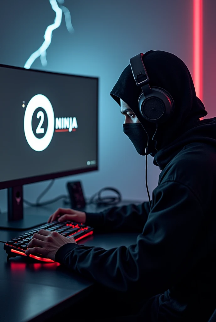 A ninja sitting infront of a gaming pc, playing video games with headphones on. On the monitor is a background with a ninja logo and text saying "andi2NINJA"