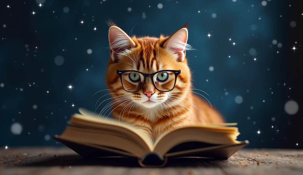 A brown cat is reading a book seriously,Wear glasses,宝箱にはHealingの公式が現れる,background,Night Sky、star々,backgroundに宝箱があります,Astronomical formulas appear、Healing、healing