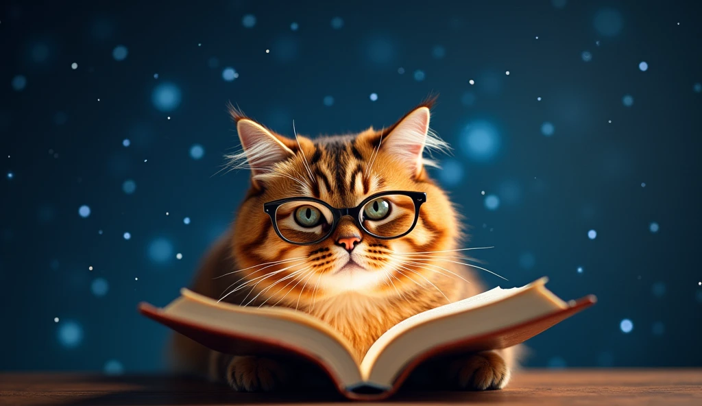 A brown cat is reading a book seriously,Wear glasses,宝箱にはHealingの公式が現れる,background,Night Sky、star々,backgroundに宝箱があります,Astronomical formulas appear、Healing、healing