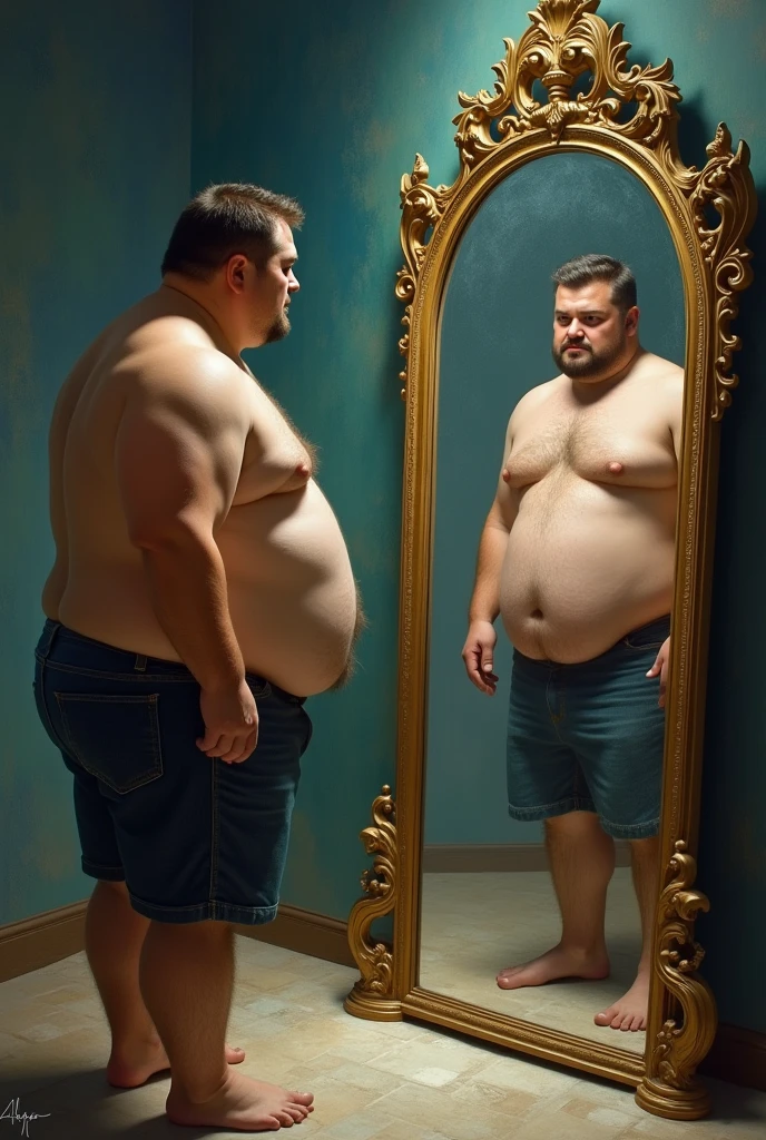 A young fat out of shape man looking into a magical mirror of him self as being muscular and handsome living his dream life make the man looking back not fat and very muscular
