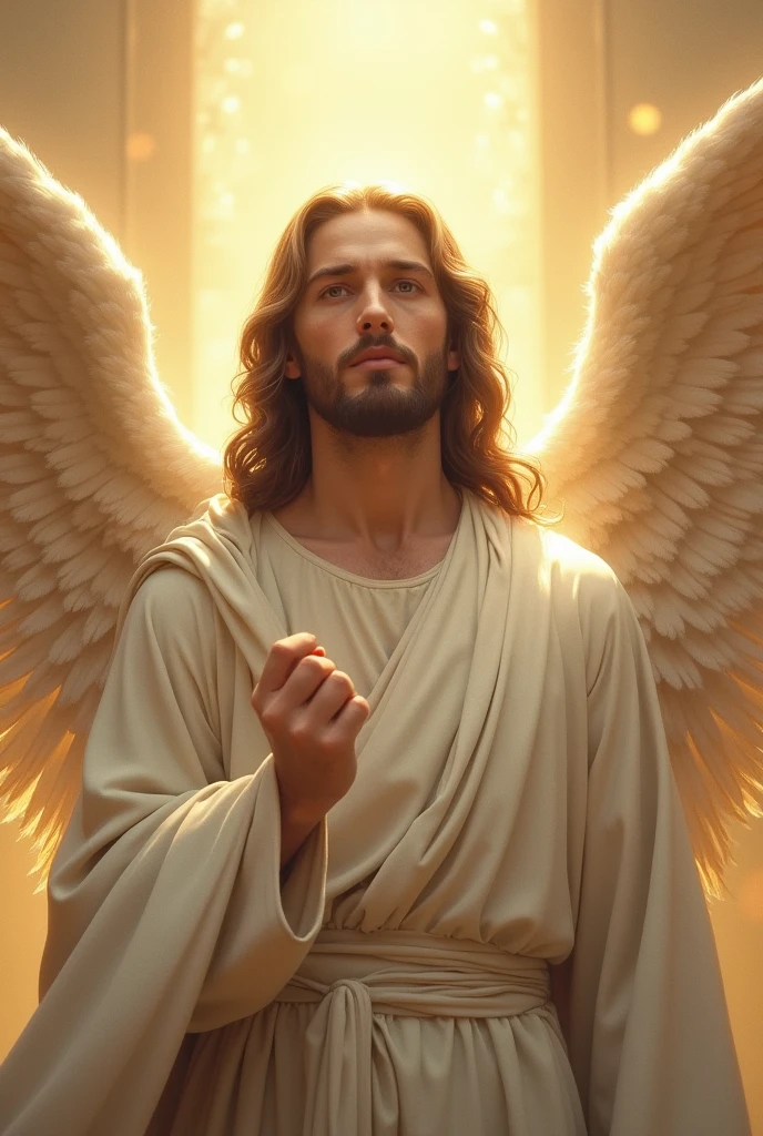 Jesus from the front looking at me, with a robe as white as snow, some angels descending from heaven beside, foto para formato do tiktok
