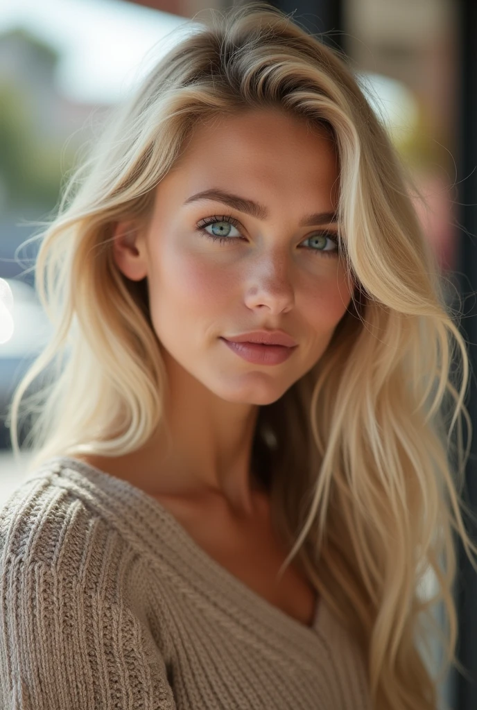 create a realistic image of a 20 year old woman, Longs cheveux blonds, Yeux bleu-vert faisant du shopping 