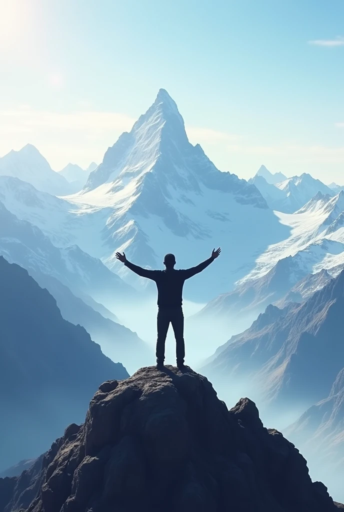 A person standing at the top of a mountain, arms outstretched