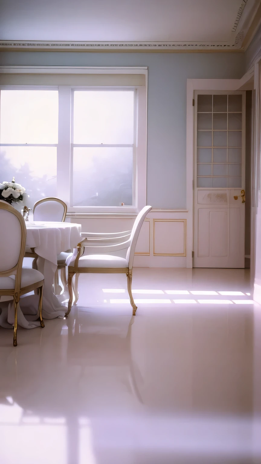 a white dreamy house, dining room, retro, foggy, soft focus, year of 1995, cool lighting, muted pastel colors, glowing atmosphere, dramatic, cinematic composition, dream-like quality, ethereal, romantic, soft focus photography, golden hour, windy, marble, golden and mirrors, hazy, thick fogs