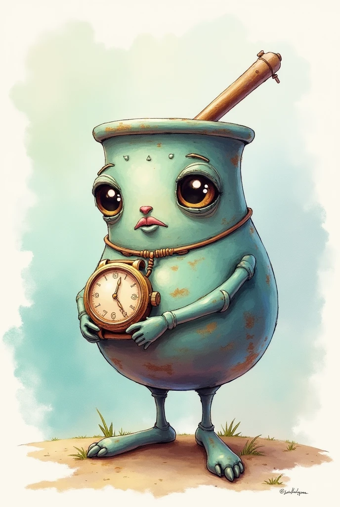 A blue watercolor pot with a face looking at his wristwatch