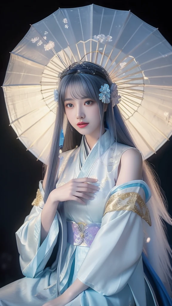 arafed asian woman in a blue dress holding an umbrella, palace ， a girl in hanfu, beautiful render of tang dynasty, hanfu, wearing ancient chinese clothes, white hanfu, trending on cgstation, with acient chinese clothes, chinese style, traditional beauty, pale and coloured kimono, guweiz, a beautiful fantasy empress, beautiful character painting