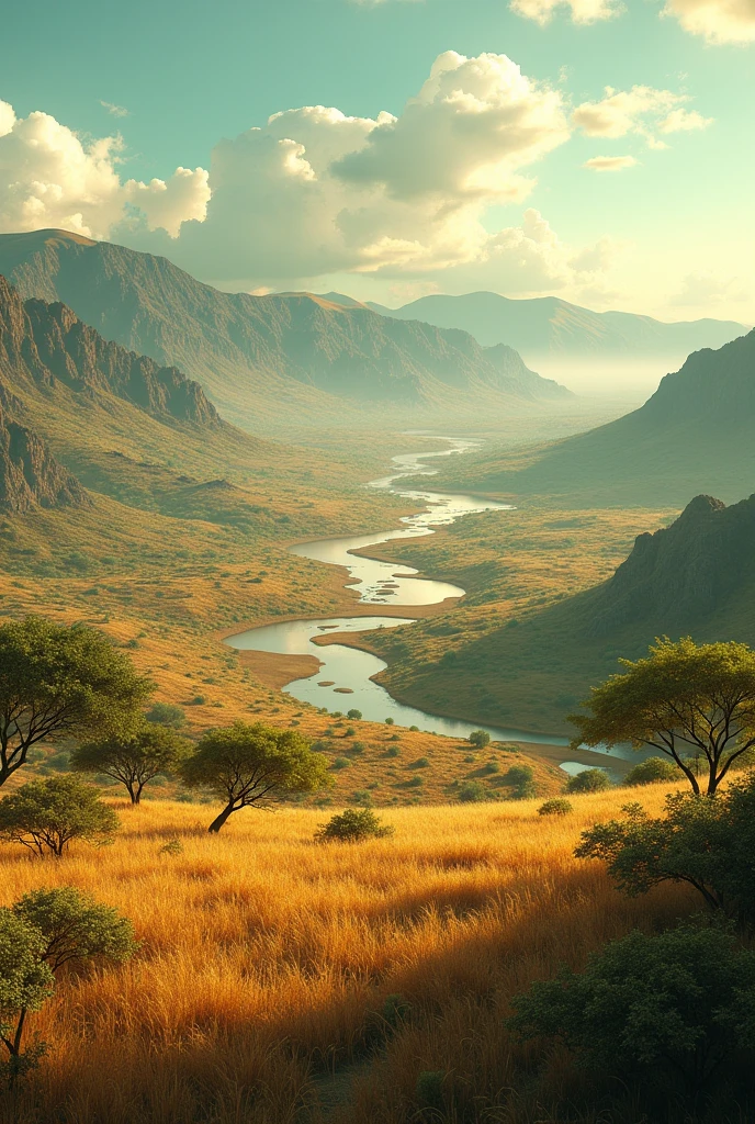A diverse African landscape featuring savannas, river valleys, and rolling hills. The scene is vivid with a rich palette of greens, browns, and yellows, capturing the beauty and vastness of the African terrain."