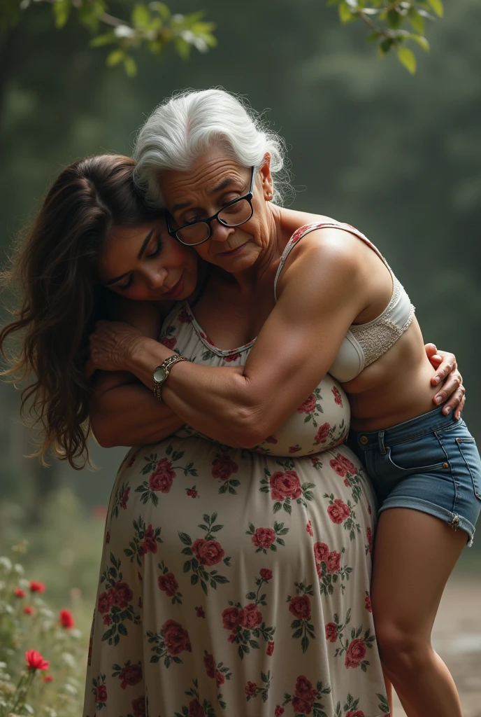 Create an image of a 90 year old lady, dark-skinned, that is fat, is wearing a floral dress and glasses. She is carrying on her right shoulder a young adult woman of 35 years of age., De pele clara, who has long brown hair, wearing denim shorts and a white lace bra and is being carried face down on the lady&#39;s shoulder