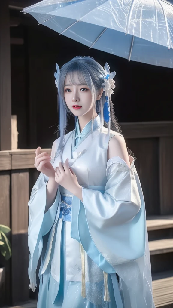 arafed asian woman in a blue dress holding an umbrella, palace , a girl in hanfu, beautiful render of tang dynasty, hanfu, wearing ancient chinese clothes, white hanfu, trending on cgstation, with acient chinese clothes, chinese style, traditional beauty, pale and coloured kimono, guweiz, a beautiful fantasy empress, beautiful character painting