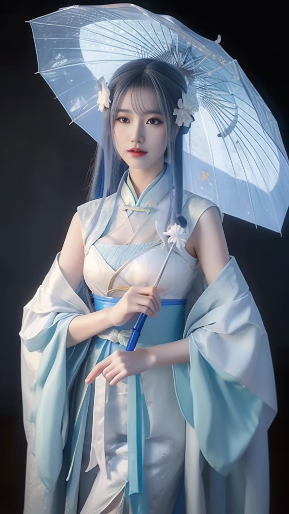 arafed asian woman in a blue dress holding an umbrella, palace ， a girl in hanfu, beautiful render of tang dynasty, hanfu, wearing ancient chinese clothes, white hanfu, trending on cgstation, with acient chinese clothes, chinese style, traditional beauty, pale and coloured kimono, guweiz, a beautiful fantasy empress, beautiful character painting