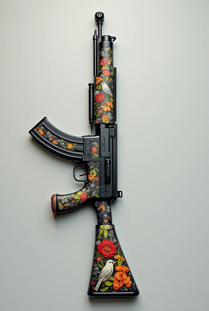 an ak 47 with art of a bird in the middle of a floral design but the design is on the ak as a skin