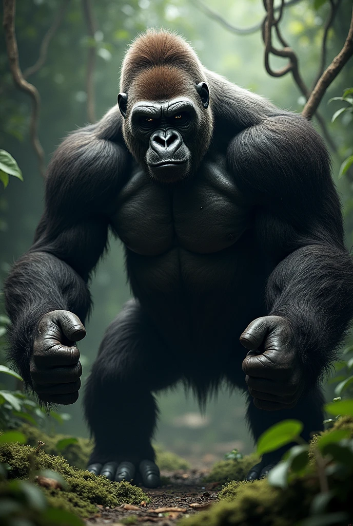 A realistic gorilla in an aggressive pose