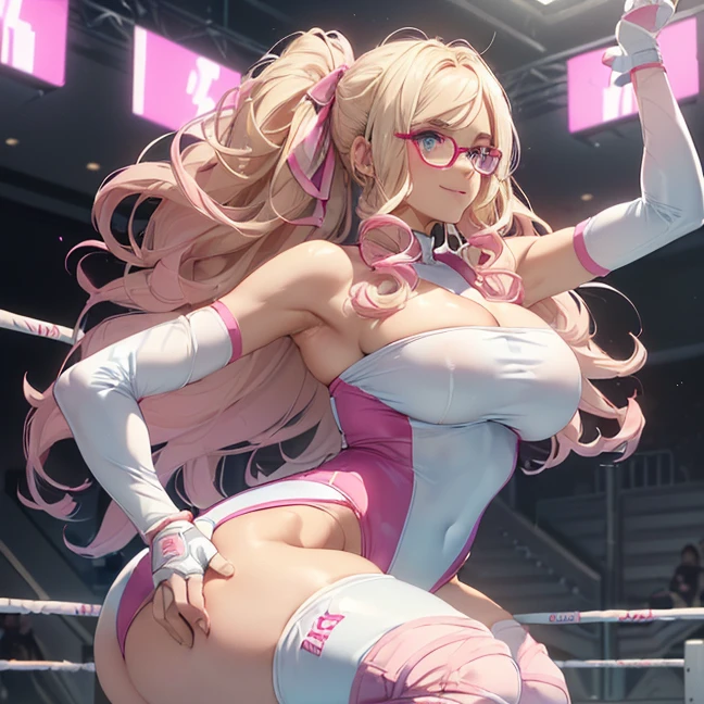 (Masterpiece, best high quality image, carefully detailed details and textures, alone character, full character view, HD)
{{(1character: 30 years old blonde haired danish human girl noble:(fair skin, blonde long curly hair, beautiful light-blue eyes, beautiful face, sharp eyebrows, voluptuous figure, big breasts, beautiful legs, defiant smile, friendly demeanor, wrestle position),((left hair pink-ribbon), blue round glasses, white strapless wrestling leotard, pink elbow pads, bare shoulders, white armsleeves, pink wristbands, white gloves, pink knee pads, pink wrestling boots),(wrestlers gym, wrestling gym with ropes and turnbuckles, clean gym walls))}}