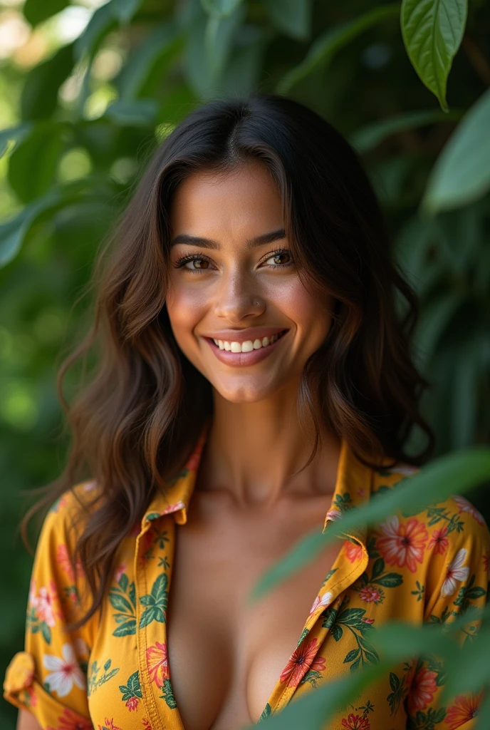 A Brazilian woman in a lush tropical garden, wearing an open shirt with a floral print, with a close-up capturing the harmonious beauty between her breasts and the natural flowers, showing off your natural charm and outgoing personality.