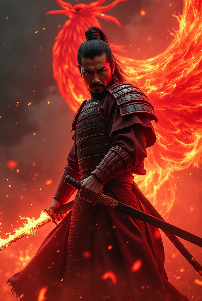 masterpiece、最high resolution、high resolution、Detailed Description、beautiful、art、One Samurai、Samurai surrounded by red flames、Beautiful armor、Wearing a red aura、Samurai brandishing a sword、Sharp-eyed Samurai、A glare at me、The sword is engulfed in red flames、battlefield、red Chinese phoenix on background、A tense scene、Ink Painting、Movie poster motif、Inspired by The Last Samurai、4K Graphics、