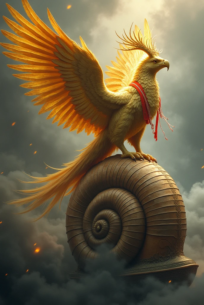 A golden Garuda bird with 17 wings and 8 tail feathers is carrying a red and white cloth standing on a snail-shaped building surrounded by black smoke.