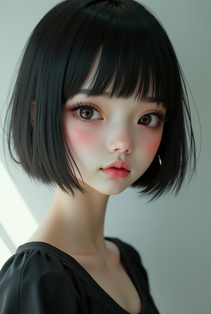 A girl with Pale skin straight short black hair 5 feet 6 tall and a lean body with cute unique face 
