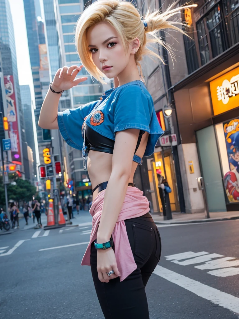 Masterpiece, best quality, ai-generated,official style,dragon ball,1girl,android 18, city,stylish pose,