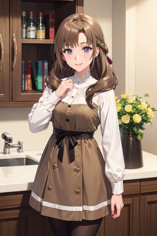 Highest quality, Adult women,Light Brown Hair,Wavy Long Hair, Chic dress,smile, black tights,Character portrait