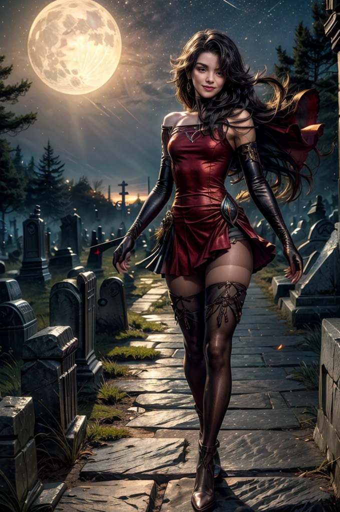 (masterpiece, best quality:1.2), cowboy shot, solo, 1girl, cinder fall, smiling, looking at viewer, long hair,  red dress, elbow gloves, pantyhose, night, stars, moon, walking through rundown graveyard on hillside, ancient crypt, cracked tombstones, bonfire, small crowd (volumetric lighting), sharp focus, hyper detailed 
