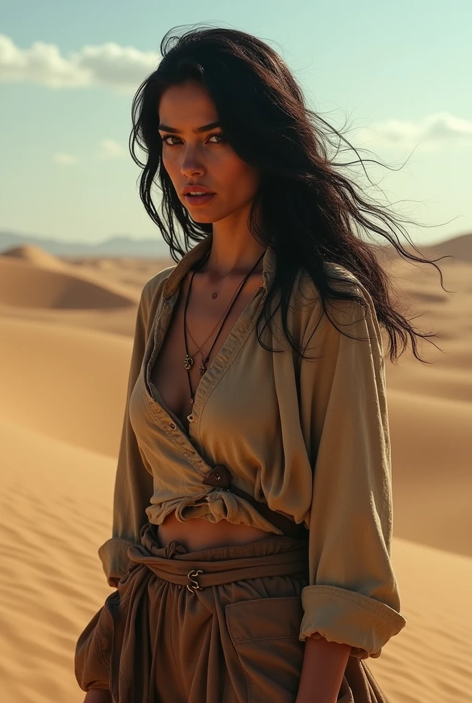 A woman, black hair, distressed face, full body, in a desert, realistic (real), Photorealistic
