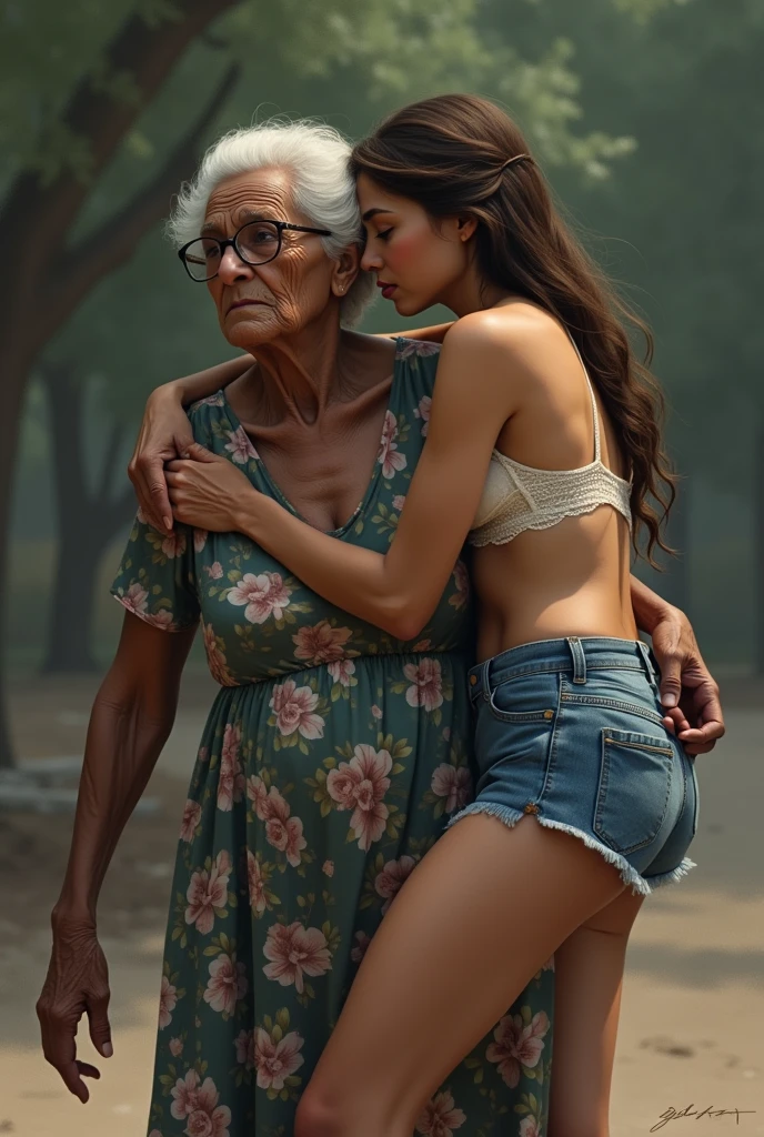 Create an image of a 90 year old lady, dark-skinned, that is fat, is wearing a floral dress and glasses. She is carrying on her right shoulder a young adult woman of 35 years of age., De pele clara, who has long brown hair, wearing denim shorts and a white lace bra and is being carried face down on the lady's shoulder