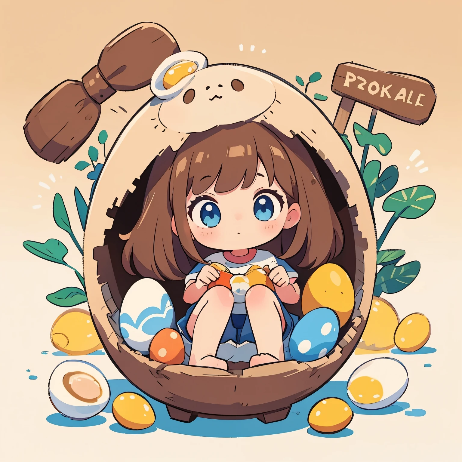 A girl with brown hair and blue eyes in an eggshell.