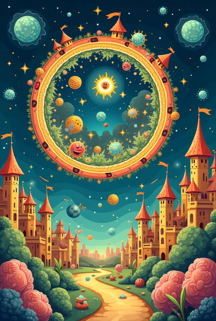 I created the following images separated by the following scenes: Scene 1: The Kingdom of Cells in Harmony Description: The scene shows a cell represented as a prosperous and organized kingdom.
elements:
Membrana Celular: A protective rim around the cell, with gates or doors symbolizing the membranes that protect the organelles.
core: A large central circle, guarding the secrets of DNA, perhaps with a key or lock symbol.
Mitochondria: Small bean-shaped figures with happy expressions, symbolizing energy production.
Other Organelles: Designed like small houses or castles, with smiles and signs of harmony.
2. Scene 2: A Ameaça dos Free Radicals
Descrição: Introdução dos Free Radicals, unstable molecules that seek electrons.
elements:
Free Radicals: Drawn as small irregularly shaped creatures, with frantic expressions and sparks all around.
Damaged Molecules: Other molecules in the cell (Proteins, lipids) begin to show signs of damage, such as cracks or wear.
Scenario: The cell bottom starts to look less stable, with small cracks in the membranes.
3. Scene 3: UV Light Storm e Multiplicação dos Free Radicals
Descrição: Uma tempestade de luz UV causa a multiplicação dos Free Radicals, starting the chaos.
elements:
UV Light Storm: Light beams passing through the cell, com Free Radicals se multiplicando rapidamente.
Chain reaction: Uma série de ataques rápidos onde Free Radicals danificam moléculas, representing oxidation.
Panic Cells: Small organelles and parts of the cell with expressions of panic or concern.
4. Scene 4: O Sábio polymer Convoca os Antioxidants
Descrição: O sábio polymer convoca os Antioxidants para combater os Free Radicals.
elements:
polymer: Drawn as a long, complex molecule, com uma expressão sábia e mãos levantadas como se estivesse chamando os Antioxidants.
Antioxidants: Vitamin C (with a shield), Vitamin E (with a protective cover),
