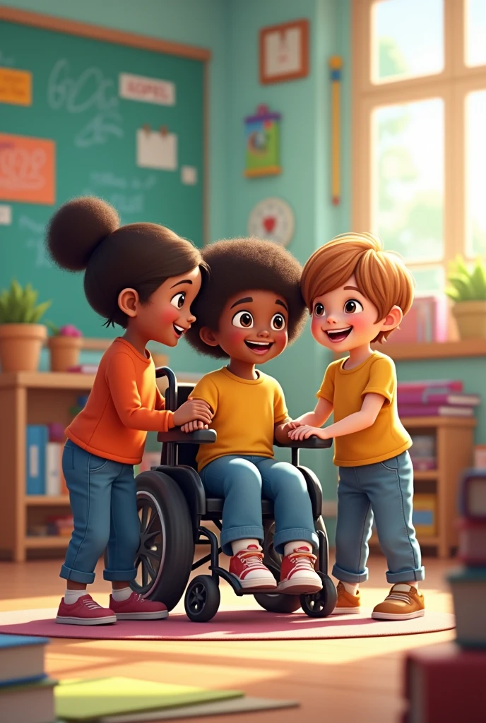Make a playful image with the following phrase. The target audience is children, but don't be too much, because it needs to be serious for parents to see. And put the image of three children, one of them being black and the other a wheelchair user. The sentence is this: "School has to be that place where children have the opportunity to be themselves and where differences are not hidden., but highlighted." Redo the image. You didn't put the sentence. IT IS NECESSARY TO WRITE THE PHRASE CORRECTLY