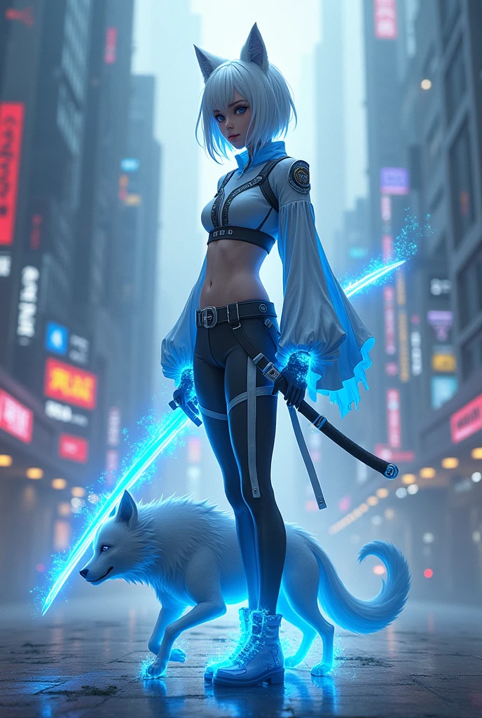 - **appearance**: The character has white and blue hair which is retained from the original version., but with more feminine facial features and a slimmer body shape. 
- **Clothes**: The characters wear modern clothing with a futuristic blue and white theme., still using katana with blue fire. 
- **Companion**: The wolf dog following the blue and white theme still accompanies the character.. 
- **Background**: The background maintains the cyberpunk feel with a futuristic city view..