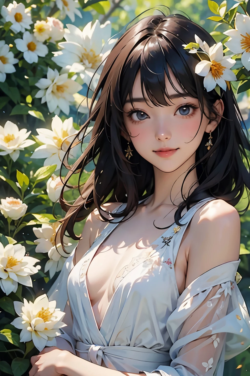 Very beautiful girl、(A smile that makes everyone around you happy)、(Surrounded by lots of flowers)、Beautiful Skin、Glowing Skin, bright, Refreshing and gentle look, Perfect beautiful face、Beautiful shiny bangs, Small breasts,Lace dress,See through,Transparent beautiful stained glass background,