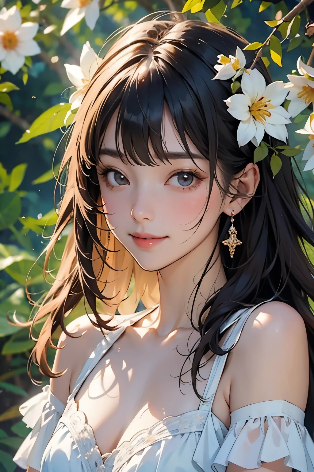 Very beautiful girl、(A smile that makes everyone around you happy)、(Surrounded by lots of flowers)、Beautiful Skin、Glowing Skin, bright, Refreshing and gentle look, Perfect beautiful face、Beautiful shiny bangs, Small breasts,Lace dress,See through,Transparent beautiful stained glass background,