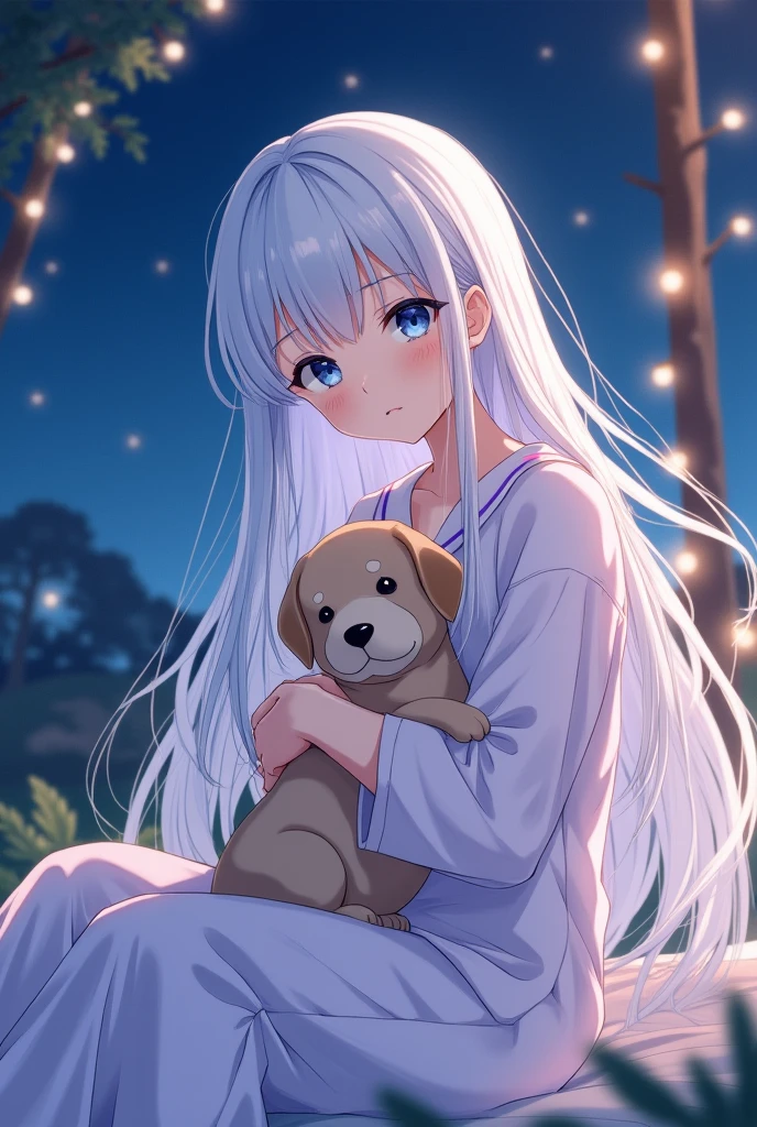 ((best quality)), ((masterpiece)),1 girl， anime girl， Body，Very short，white long hair，in pajamas，Holding a puppy, night, blue eyes, 