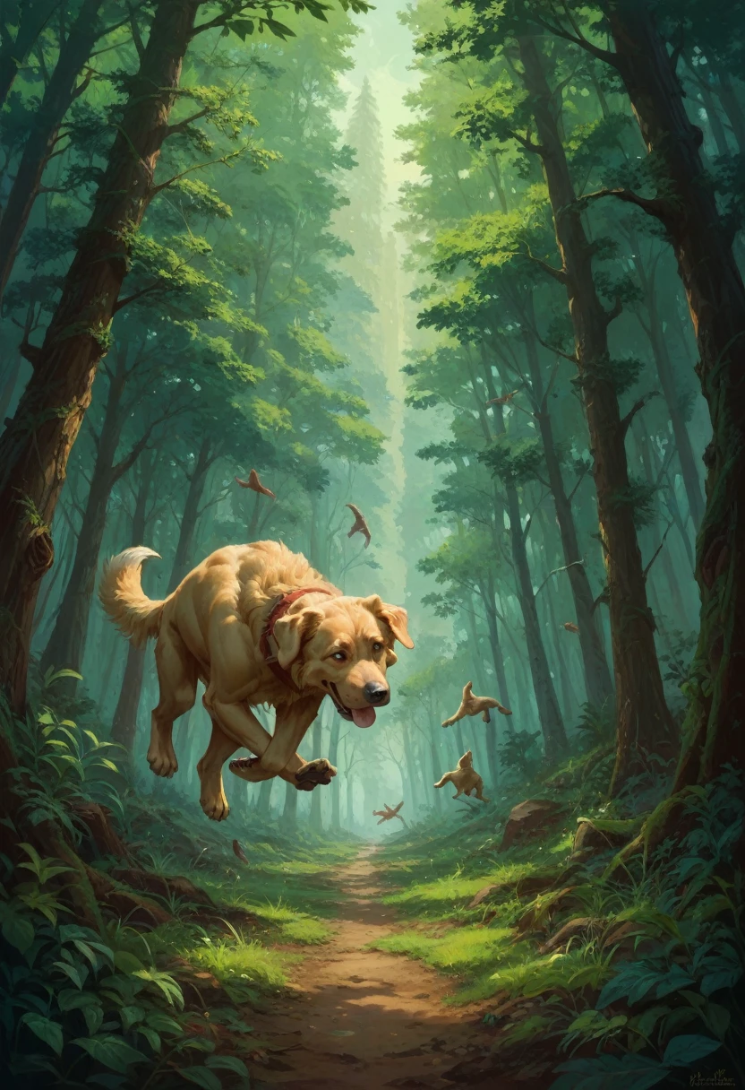Rushing golden retriever darts through the air, danger, mouvement pressé impatience, posture galopante, regard urgent, green forest background