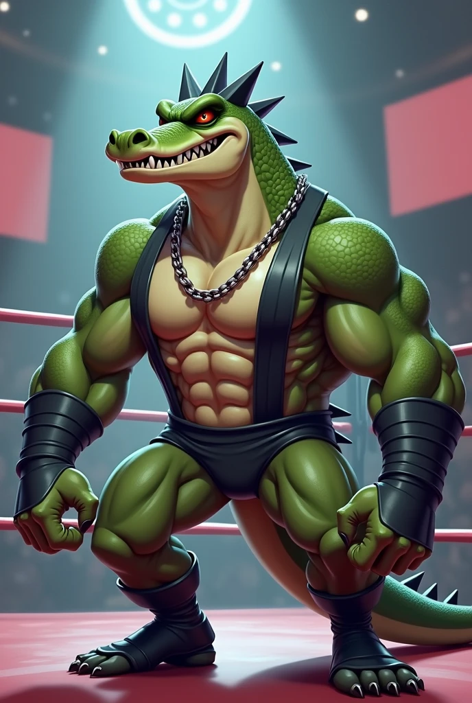 Detailed picture of a confident male villain wrestler anthro, (crocodile, olive green, lean body) squat down on a wrestling ring, trending on Art Station, Ross Tran, ruan jia, foxovh, ((smirk expression, gritting teeth, let he's hands hang limp, wearing charcall wrestler brief, wearing wrestling protective gear, with a metal chain around he's neck, (((dynamic lighting,))), cartoon